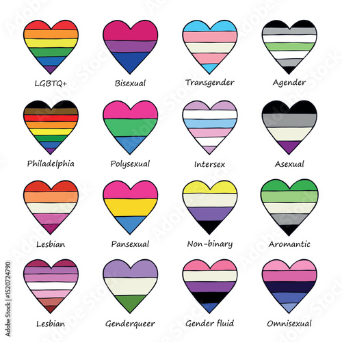 Set of colorful LGBTQ+ pride flag heart shape Gender equality and sexual identity pride flags collection LGBTQIA community pride month