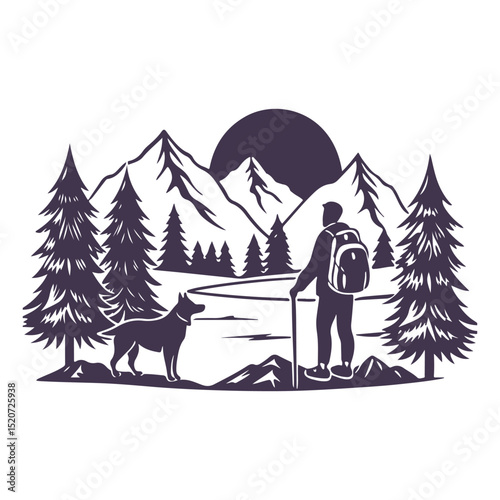 Hiker with dog in mountain landscape. outdoor adventure scene with pine trees, lake, and mountains, perfect for travel and nature-themed design. vector illustration