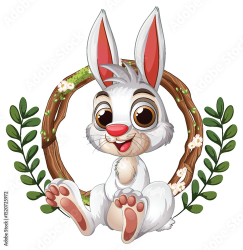 Cheerful Bunny in Floral Wreath