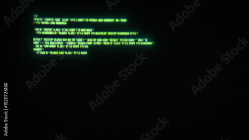 Computer screen of programming code, written by a hacker. Old programming language, on a green phosphor monitor.