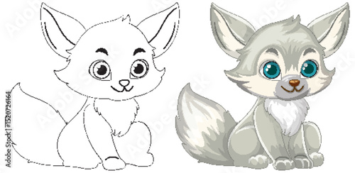 Cute Cartoon Fox with Outline and Color Versions