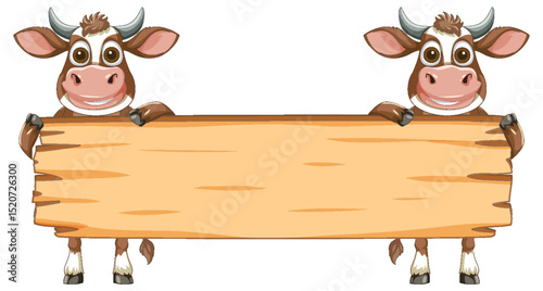 Cartoon Cows Holding Wooden Sign