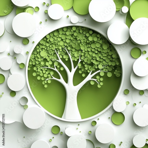 Abstract Green Tree with Leaves, Modern Nature Illustration Symbolizing Growth, Ecology, Sustainability, and Environment, Artistic Natural Design with Vibrant Colors and Organic Shapes