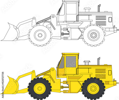Wheel Loader Vector Isolated on White Background. Loading Shovel. Manufacturing Equipment. Pneumatic Truck. Tractor Front End Loader. Heavy Equipment Machine.