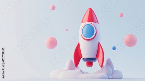 A stylized red and white rocket launching from pastel clouds amidst floating pastel spheres against a light blue background