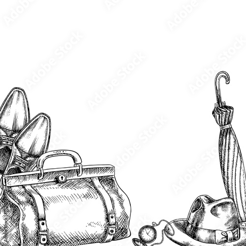 A frame with a man s hat, travel bag, umbrella, shoes. Hand-drawn vector illustration. Black and white image on the theme of men and travel. For postcards, banners, Men s and Fathers Day.