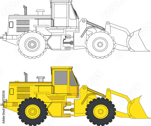 Wheel Loader Vector Isolated on White Background. Loading Shovel. Manufacturing Equipment. Pneumatic Truck. Tractor Front End Loader. Heavy Equipment Machine.