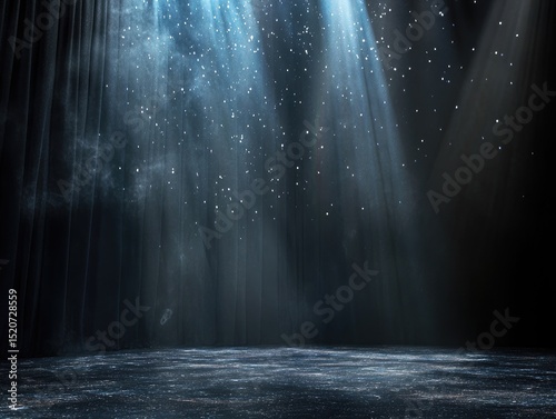 Dark stage with ethereal blue light beams, dust motes, and a reflective floor