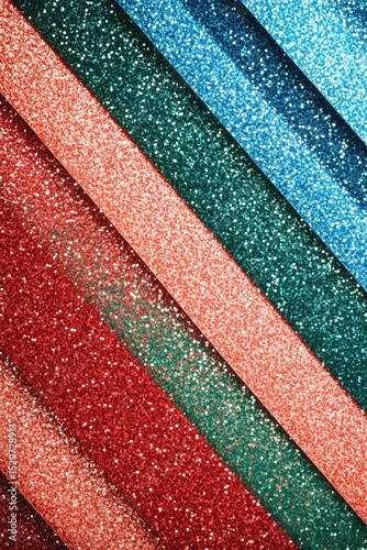 Diagonal stripes of textured, glittery material in varying shades of red, orange, teal, and blue
