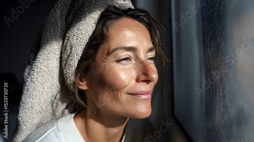 Serene mature woman with towel on head looking out window on rainy day
