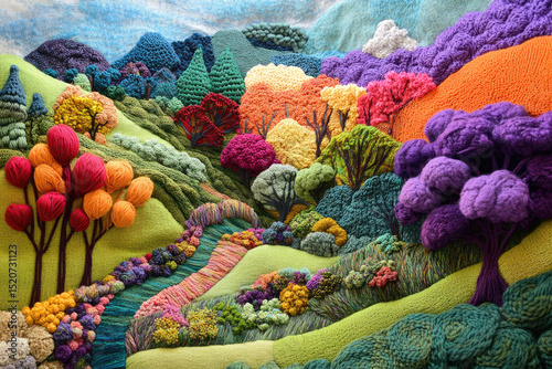 A whimsical, crocheted landscape bursts with colorful yarn trees, rolling green hills, and a winding path under a soft, cloudy sky with distant mountains.
