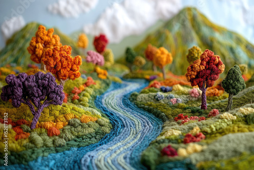 A colorful, crocheted landscape showcases a winding blue river flowing through vibrant, yarn-crafted trees and rolling hills under a soft, cloudy sky.