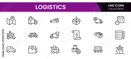 Vector illustration web line icons depicting truck logistics: cargo transport, delivery routes, freight trucks, supply chain, warehouse, and efficient distribution systems.
