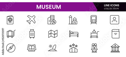 Vector line icons and stock image showcasing museum elements: exhibits, artifacts, galleries, history, culture, visitors, architecture, and educational displays in a refined setting.
