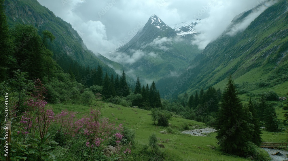 Fototapeta premium Scenic Mountain Valley with Lush Greenery and Snow-Capped Peaks