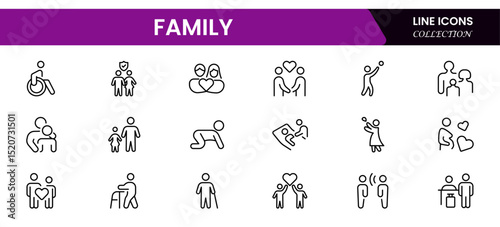 vector icons depicting family: parents, children, love, support, home, togetherness, bonding, care, happiness, and shared moments.
