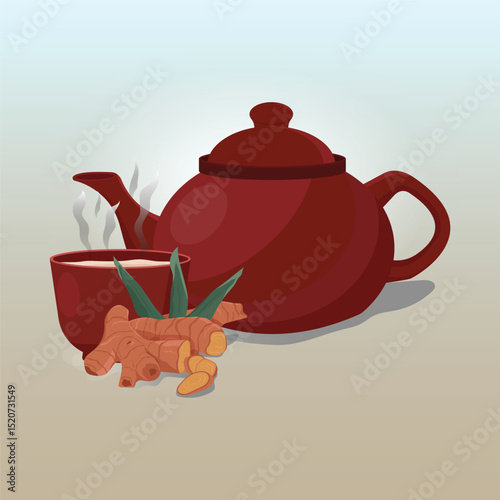Teapot with warm ginger water illustration