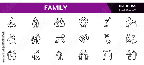 vector icons depicting family: parents, children, love, support, home, togetherness, bonding, care, happiness, and shared moments.
