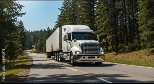 Truck driving on a winding road through a forest