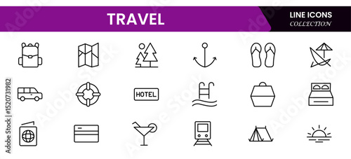 Dynamic vector web line icons capturing travel essentials, global exploration, adventure, transportation, and vibrant cultural experiences worldwide.