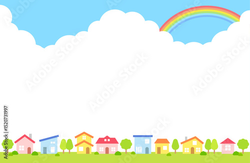 青空　雲　入道雲　虹　住宅街　ベクターイラスト　背景素材