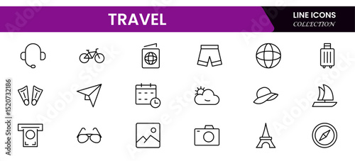 Dynamic vector web line icons capturing travel essentials, global exploration, adventure, transportation, and vibrant cultural experiences worldwide.