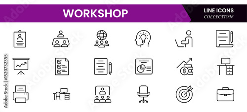Engaging vector web line icons depicting workshop tools, creative collaboration, skill-building, hands-on learning, and innovative project environments.