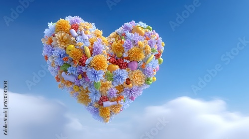 Colorful Heart-Shaped Cloud with Flowers in Sky