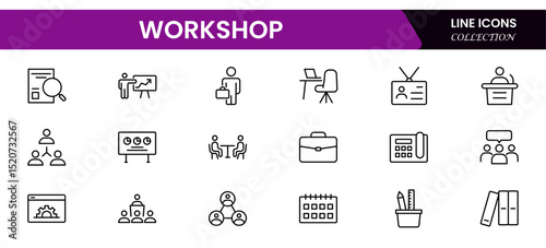 Engaging vector web line icons depicting workshop tools, creative collaboration, skill-building, hands-on learning, and innovative project environments.