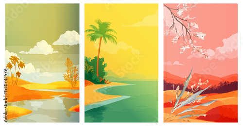 Summer, sun and sale. Vector minimalistic illustration of sun rays, swimming pool with sun lounger and umbrella and tropical palm leaf Nature and rural landscape. Vector illustrations of village.