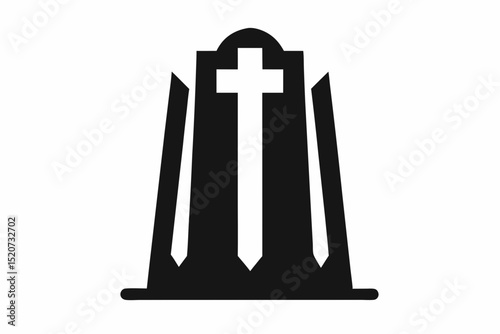Stylized tombstone with cross and side structures halloween, vector, silhouette,  illustration, horizontal, isolated assets, on transparent background