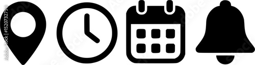 a set of four sleek, minimalist black icons on a white background. The icons  include a location pin, a clock, a calendar, and a bell, arranged horizontally in that order