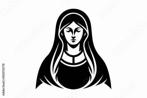 Monochrome illustration of a veiled woman figure halloween, vector, silhouette,  illustration, horizontal, isolated assets, on transparent background