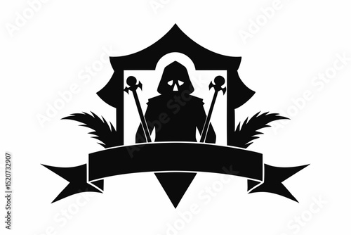 Silhouette of a hooded figure with scepters banner halloween, vector, silhouette,  illustration, horizontal, isolated assets, on transparent background