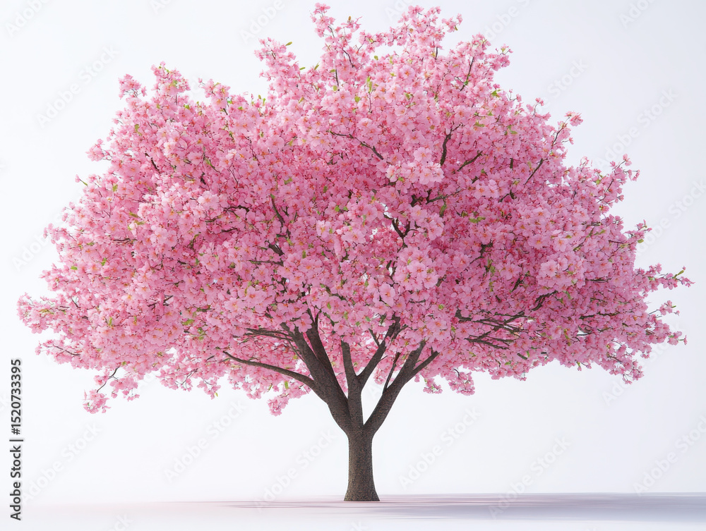 Obraz premium Beautiful cherry blossom tree in full bloom stands against clear sky, showcasing vibrant pink flowers and lush branches. serene scene evokes sense of tranquility and natural beauty