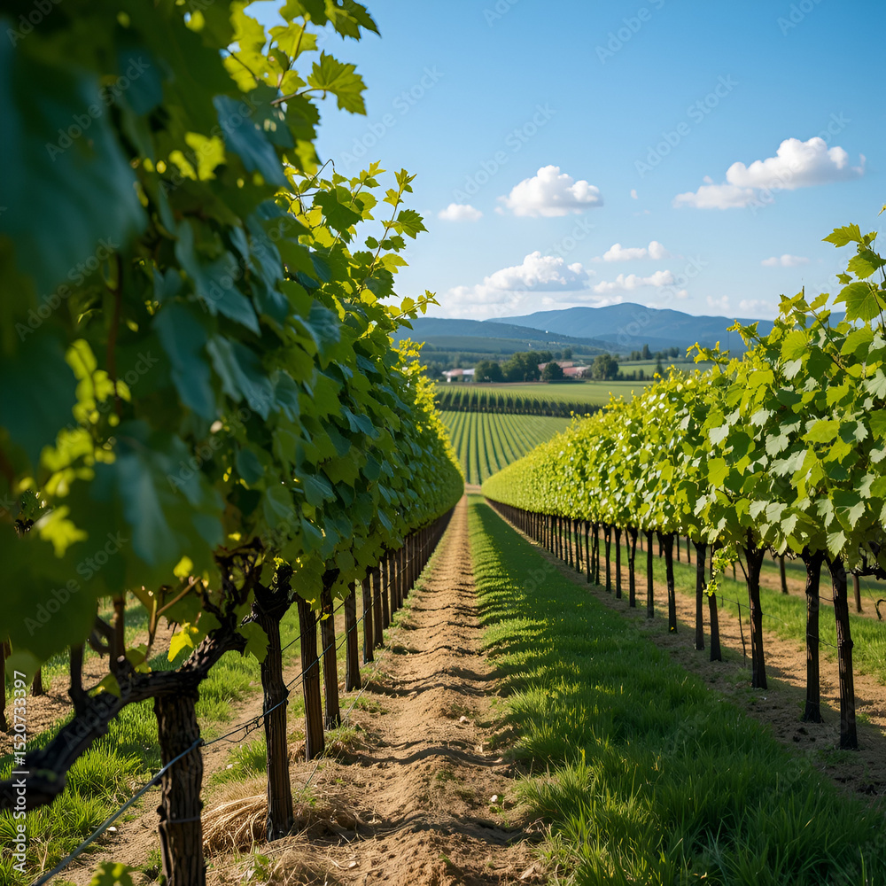 Naklejka premium Scenic vineyard with rows of grapevines during a sunny day