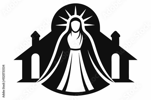 Stylized virgin mary with buildings in black and white halloween, vector, silhouette,  illustration, horizontal, isolated assets, on transparent background