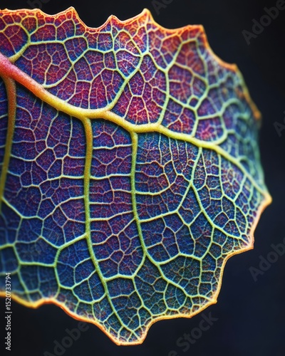 Close-up of a leaf's vibrant, multicolored venation against a dark background, showcasing intricate detail and surreal coloring