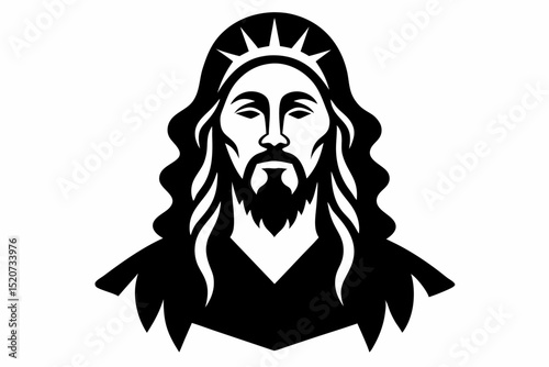 Black and white graphic of jesus christ with beard halloween, vector, silhouette,  illustration, horizontal, isolated assets, on transparent background