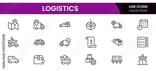 Vector illustration web line icons depicting truck logistics: cargo transport, delivery routes, freight trucks, supply chain, warehouse, and efficient distribution systems.
