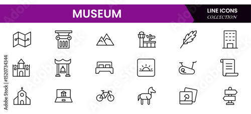 Vector line icons and stock image showcasing museum elements: exhibits, artifacts, galleries, history, culture, visitors, architecture, and educational displays in a refined setting.
