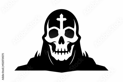 Stylized skull with cross symbol on its forehead halloween, vector, silhouette,  illustration, horizontal, isolated assets, on transparent background