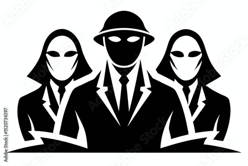 Three figures in suits with obscured faces design halloween, vector, silhouette,  illustration, horizontal, isolated assets, on transparent background