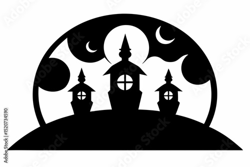 Silhouette of lanterns under the moonlit night sky halloween, vector, silhouette,  illustration, horizontal, isolated assets, on transparent background