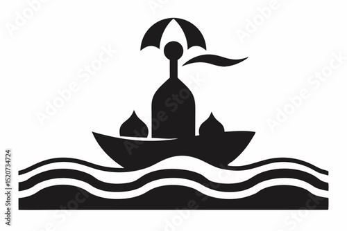 Silhouette boat with umbrella and domes on waves halloween, vector, silhouette,  illustration, horizontal, isolated assets, on transparent background