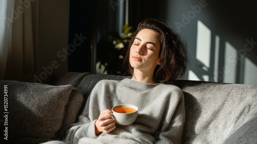 A lady is holding a cup of warm tea.