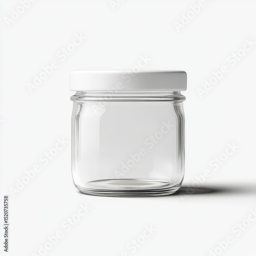 Clear glass jar with a white lid, slightly wider at the base, sits on a white background casting a subtle shadow