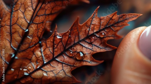 Close-up of a russet leaf, glistening with dew, delicately touched by a fingertip