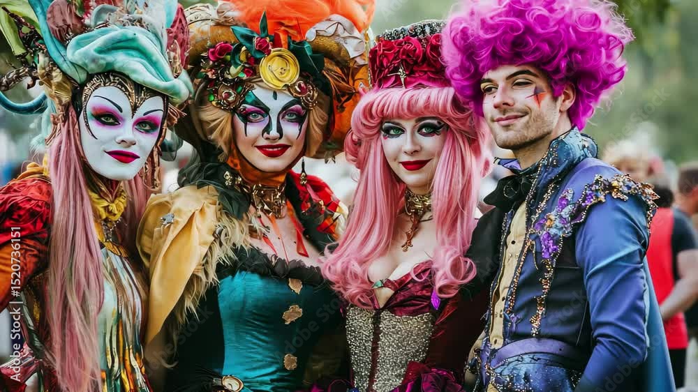 Group of people celebrate fantasy culture in vibrant costumes during an outdoor festival, Group of people dressed in elaborate fantasy costumes with colorful wigs, posing together at event