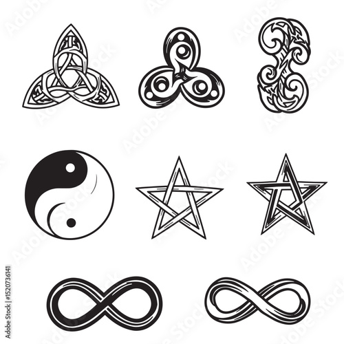 Symbolic illustrations collection including celtic knots yin yang infinity pentagram and other sacred symbols